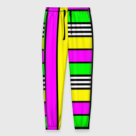 Мужские брюки 3D с принтом полосатый неоновый модный узор в Санкт-Петербурге, 100% полиэстер | манжеты по низу, эластичный пояс регулируется шнурком, по бокам два кармана без застежек, внутренняя часть кармана из мелкой сетки | желтый неоновый | молодежный | неон | неоновый | неоновый зеленый | полосатый | разноцветный | розовый неоновый