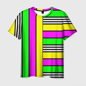Мужская футболка 3D с принтом полосатый неоновый модный узор в Курске, 100% полиэфир | прямой крой, круглый вырез горловины, длина до линии бедер | желтый неоновый | молодежный | неон | неоновый | неоновый зеленый | полосатый | разноцветный | розовый неоновый