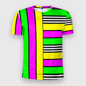 Мужская футболка 3D спортивная с принтом полосатый неоновый модный узор в Тюмени, 100% полиэстер с улучшенными характеристиками | приталенный силуэт, круглая горловина, широкие плечи, сужается к линии бедра | желтый неоновый | молодежный | неон | неоновый | неоновый зеленый | полосатый | разноцветный | розовый неоновый