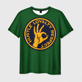 Мужская футболка 3D с принтом Hustle Loyalty respect  в Курске, 100% полиэфир | прямой крой, круглый вырез горловины, длина до линии бедер | жёлтый | зелёный | надпись | преданное уважение | рука | эмблема