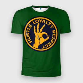 Мужская футболка 3D спортивная с принтом Hustle Loyalty respect  в Курске, 100% полиэстер с улучшенными характеристиками | приталенный силуэт, круглая горловина, широкие плечи, сужается к линии бедра | Тематика изображения на принте: жёлтый | зелёный | надпись | преданное уважение | рука | эмблема
