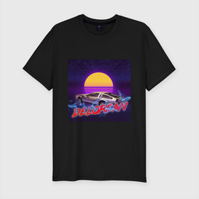 Мужская футболка хлопок Slim с принтом Delorean style в Новосибирске, 92% хлопок, 8% лайкра | приталенный силуэт, круглый вырез ворота, длина до линии бедра, короткий рукав | car | delorean | dmc | lightning | neon | sunset | thunder | автомобиль | делореан | закат | машина | молния | неон | солнце