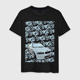 Мужская футболка хлопок с принтом BMW E46 голубые надписи в Тюмени, 100% хлопок | прямой крой, круглый вырез горловины, длина до линии бедер, слегка спущенное плечо. | bmw | e46 | m3 | авто | автомобили | бмв | е46 | м3 | машины