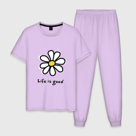 Мужская пижама хлопок с принтом LIFE IS GOOD в Тюмени, 100% хлопок | брюки и футболка прямого кроя, без карманов, на брюках мягкая резинка на поясе и по низу штанин
 | Тематика изображения на принте: life is good | жизнь | растение | ромашка | цветок | цветочки