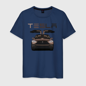 Мужская футболка хлопок с принтом TESLA MODEL X в Тюмени, 100% хлопок | прямой крой, круглый вырез горловины, длина до линии бедер, слегка спущенное плечо. | model x | tesla | tesla model x | авто | автомобили | машины | модель х | тесла | тесла модель х