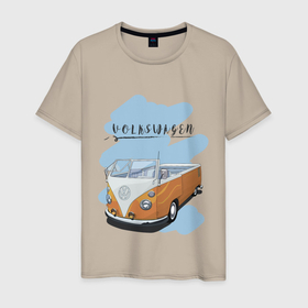 Мужская футболка хлопок с принтом VW Transporter в Новосибирске, 100% хлопок | прямой крой, круглый вырез горловины, длина до линии бедер, слегка спущенное плечо. | retrocar | volkswagen | vw | авто | автобус | винтаж | вольксваген | вольцваген | машины | ретрокар | транспортер | фольксваген | фольцваген