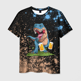 Мужская футболка 3D с принтом Пивозавр - Краска в Петрозаводске, 100% полиэфир | прямой крой, круглый вырез горловины, длина до линии бедер | dinosaur | pivo | pivozavr | взрыв | динозавр | краска | прикол