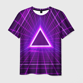 Мужская футболка 3D с принтом Фон в стиле ретро 80-х в Кировске, 100% полиэфир | прямой крой, круглый вырез горловины, длина до линии бедер | дискотека | музыка | огни треугольной сетки | технологии | фанки | форма треугольника