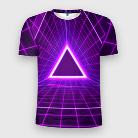 Мужская футболка 3D спортивная с принтом Фон в стиле ретро 80-х в Новосибирске, 100% полиэстер с улучшенными характеристиками | приталенный силуэт, круглая горловина, широкие плечи, сужается к линии бедра | дискотека | музыка | огни треугольной сетки | технологии | фанки | форма треугольника