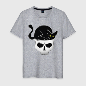 Мужская футболка хлопок с принтом Skull Cat в Екатеринбурге, 100% хлопок | прямой крой, круглый вырез горловины, длина до линии бедер, слегка спущенное плечо. | animal | cat | cute | kitty | meow | друг | животные | киска | кися | китти | кот | котенок | котик | котэ | кошечка | кошка | мур | мяу | питомец | скелет | череп