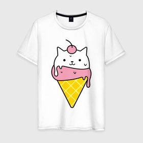 Мужская футболка хлопок с принтом Ice Cream Cat в Новосибирске, 100% хлопок | прямой крой, круглый вырез горловины, длина до линии бедер, слегка спущенное плечо. | animal | cat | cute | ice cream | kitty | meow | друг | животные | киска | кися | китти | кот | котенок | котик | котэ | кошечка | кошка | мороженое | мур | мяу | питомец