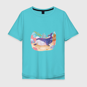 Мужская футболка хлопок Oversize с принтом Отдыхающий кит в Санкт-Петербурге, 100% хлопок | свободный крой, круглый ворот, “спинка” длиннее передней части | арт | звезда | кит | кораллы | море | морская звезда | океан | песок | природа | рисунок | рыба | рыбки | рыбы | синий кит