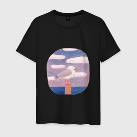 Мужская футболка хлопок с принтом Отдыхающая чайка в Новосибирске, 100% хлопок | прямой крой, круглый вырез горловины, длина до линии бедер, слегка спущенное плечо. | арт | закат | звезда | звёздное небо | звёзды | небо | ночное небо | облака | облако | природа | птица | рисунок | сон | чайка