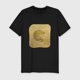 Мужская футболка хлопок Slim с принтом Крокодильчик в Екатеринбурге, 92% хлопок, 8% лайкра | приталенный силуэт, круглый вырез ворота, длина до линии бедра, короткий рукав | Тематика изображения на принте: арт | болото | крокодил | крокодильчик | озеро | природа | рисунок