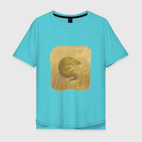 Мужская футболка хлопок Oversize с принтом Крокодильчик в Екатеринбурге, 100% хлопок | свободный крой, круглый ворот, “спинка” длиннее передней части | Тематика изображения на принте: арт | болото | крокодил | крокодильчик | озеро | природа | рисунок