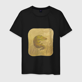 Мужская футболка хлопок с принтом Крокодильчик в Екатеринбурге, 100% хлопок | прямой крой, круглый вырез горловины, длина до линии бедер, слегка спущенное плечо. | Тематика изображения на принте: арт | болото | крокодил | крокодильчик | озеро | природа | рисунок