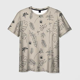 Мужская футболка 3D с принтом Цветы и листья в Белгороде, 100% полиэфир | прямой крой, круглый вырез горловины, длина до линии бедер | art | green | абстракция | арт | ветки | изумруд | лето | листья | листья деревьев | молодёжная | пальма | пано | цветы