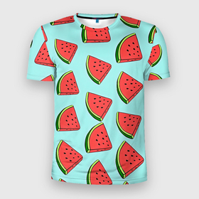 Мужская футболка 3D Slim с принтом Дольки арбузов в Екатеринбурге, 100% полиэстер с улучшенными характеристиками | приталенный силуэт, круглая горловина, широкие плечи, сужается к линии бедра | Тематика изображения на принте: арбуз | дольки арбуза | еда | лето | фрукт | ягода