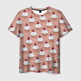 Мужская футболка 3D с принтом Вишенка на кексе в Санкт-Петербурге, 100% полиэфир | прямой крой, круглый вырез горловины, длина до линии бедер | Тематика изображения на принте: вафля | вишенка | выпечка | для девушек | еда | кекс | кексик | маффин | пирожное | рисунок