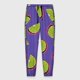Мужские брюки 3D с принтом Лаймы в Тюмени, 100% полиэстер | манжеты по низу, эластичный пояс регулируется шнурком, по бокам два кармана без застежек, внутренняя часть кармана из мелкой сетки | зелёная | лайм | фиолетовая | фрукты | цитрус
