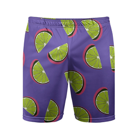 Мужские шорты спортивные с принтом Лаймы в Новосибирске,  |  | зелёная | лайм | фиолетовая | фрукты | цитрус