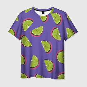 Мужская футболка 3D с принтом Лаймы в Петрозаводске, 100% полиэфир | прямой крой, круглый вырез горловины, длина до линии бедер | зелёная | лайм | фиолетовая | фрукты | цитрус