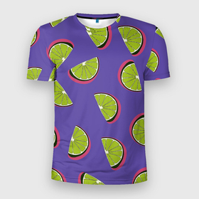 Мужская футболка 3D спортивная с принтом Лаймы в Санкт-Петербурге, 100% полиэстер с улучшенными характеристиками | приталенный силуэт, круглая горловина, широкие плечи, сужается к линии бедра | зелёная | лайм | фиолетовая | фрукты | цитрус