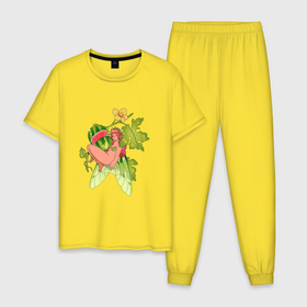 Мужская пижама хлопок с принтом Арбузная фея в Екатеринбурге, 100% хлопок | брюки и футболка прямого кроя, без карманов, на брюках мягкая резинка на поясе и по низу штанин
 | арбуз | арт | жёлтый цветок | мистика | рисунок | фентези | фея | фэнтези | цветок