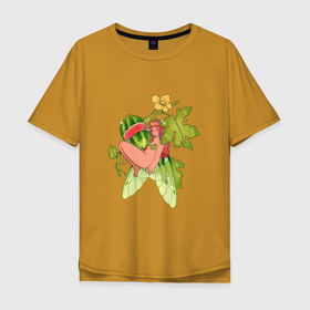Мужская футболка хлопок Oversize с принтом Арбузная фея в Екатеринбурге, 100% хлопок | свободный крой, круглый ворот, “спинка” длиннее передней части | арбуз | арт | жёлтый цветок | мистика | рисунок | фентези | фея | фэнтези | цветок