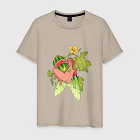 Мужская футболка хлопок с принтом Арбузная фея , 100% хлопок | прямой крой, круглый вырез горловины, длина до линии бедер, слегка спущенное плечо. | арбуз | арт | жёлтый цветок | мистика | рисунок | фентези | фея | фэнтези | цветок