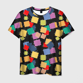 Мужская футболка 3D с принтом Заплатки на черном фоне  в Кировске, 100% полиэфир | прямой крой, круглый вырез горловины, длина до линии бедер | веселый | детский | заплатки | модный | национальный | пэчворк | разноцветный | ретро | фольклор
