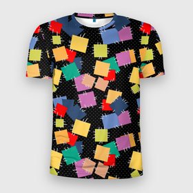 Мужская футболка 3D спортивная с принтом Заплатки на черном фоне  в Тюмени, 100% полиэстер с улучшенными характеристиками | приталенный силуэт, круглая горловина, широкие плечи, сужается к линии бедра | Тематика изображения на принте: веселый | детский | заплатки | модный | национальный | пэчворк | разноцветный | ретро | фольклор