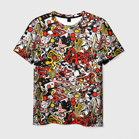 Мужская футболка 3D с принтом Абстрактный разноцветный узор в Тюмени, 100% полиэфир | прямой крой, круглый вырез горловины, длина до линии бедер | Тематика изображения на принте: абстрактный | граффити | желтый | красный | мазня | молодежный | популярный | разноцветный | рисунок | современный | черный