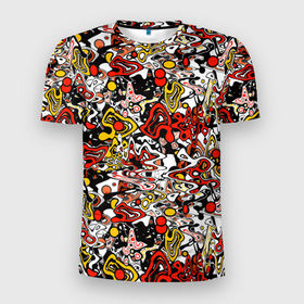 Мужская футболка 3D спортивная с принтом Абстрактный разноцветный узор , 100% полиэстер с улучшенными характеристиками | приталенный силуэт, круглая горловина, широкие плечи, сужается к линии бедра | Тематика изображения на принте: абстрактный | граффити | желтый | красный | мазня | молодежный | популярный | разноцветный | рисунок | современный | черный