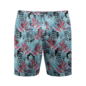 Мужские шорты спортивные с принтом Розово-голубой тропический  в Тюмени,  |  | листья | листья монстеры | монстера | папоротник | пляжный | тропический | цветочный