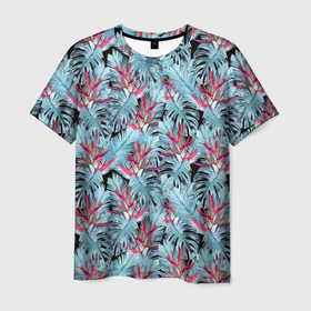 Мужская футболка 3D с принтом Розово-голубой тропический  в Курске, 100% полиэфир | прямой крой, круглый вырез горловины, длина до линии бедер | листья | листья монстеры | монстера | папоротник | пляжный | тропический | цветочный