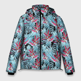 Мужская зимняя куртка 3D с принтом Розово голубой тропический в Белгороде, верх — 100% полиэстер; подкладка — 100% полиэстер; утеплитель — 100% полиэстер | длина ниже бедра, свободный силуэт Оверсайз. Есть воротник-стойка, отстегивающийся капюшон и ветрозащитная планка. 

Боковые карманы с листочкой на кнопках и внутренний карман на молнии. | Тематика изображения на принте: листья | листья монстеры | монстера | папоротник | пляжный | тропический | цветочный