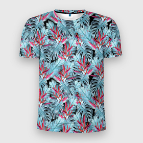 Мужская футболка 3D спортивная с принтом Розово-голубой тропический  в Новосибирске, 100% полиэстер с улучшенными характеристиками | приталенный силуэт, круглая горловина, широкие плечи, сужается к линии бедра | листья | листья монстеры | монстера | папоротник | пляжный | тропический | цветочный