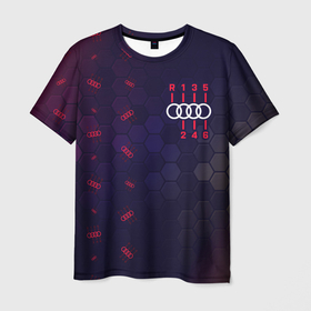 Мужская футболка 3D с принтом Audi - Gearbox - Hexagon (Pattern) в Тюмени, 100% полиэфир | прямой крой, круглый вырез горловины, длина до линии бедер | audi | auto | gearbox | logo | moto | quattro | sport | symbol | авто | автомобильные | ауди | кватро | лого | логотип | логотипы | марка | мото | паттерн | символ | соты | спорт | шильдик