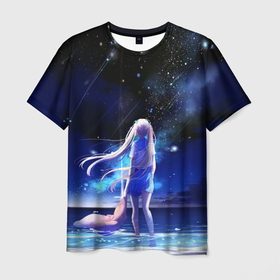Мужская футболка 3D с принтом Animegirl Night Sea в Санкт-Петербурге, 100% полиэфир | прямой крой, круглый вырез горловины, длина до линии бедер | Тематика изображения на принте: аниме девушка | градиент | девочка | звезды | луна | море | на каждый день | небо | облака | океан | персонаж | синее | синий