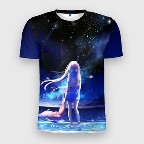 Мужская футболка 3D спортивная с принтом Animegirl Night Sea в Петрозаводске, 100% полиэстер с улучшенными характеристиками | приталенный силуэт, круглая горловина, широкие плечи, сужается к линии бедра | аниме девушка | градиент | девочка | звезды | луна | море | на каждый день | небо | облака | океан | персонаж | синее | синий