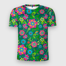 Мужская футболка 3D спортивная с принтом Поле разноцветных цветков в Новосибирске, 100% полиэстер с улучшенными характеристиками | приталенный силуэт, круглая горловина, широкие плечи, сужается к линии бедра | красивые цветы | мозаика | мозаика из цветов | природа | узоры | узоры из цветов | цветочки | цветочная | цветы | цветы арт