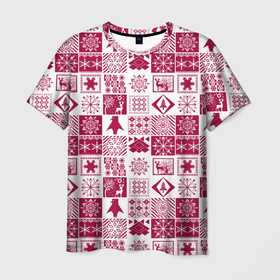 Мужская футболка 3D с принтом Новогодний рождественский узор в Белгороде, 100% полиэфир | прямой крой, круглый вырез горловины, длина до линии бедер | белый и красный | зимний | красный | новогодний | пэчворк | рождественский | скандинавский | этнический узор