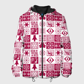 Мужская куртка 3D с принтом Новогодний рождественский узор в Белгороде, ткань верха — 100% полиэстер, подклад — флис | прямой крой, подол и капюшон оформлены резинкой с фиксаторами, два кармана без застежек по бокам, один большой потайной карман на груди. Карман на груди застегивается на липучку | белый и красный | зимний | красный | новогодний | пэчворк | рождественский | скандинавский | этнический узор