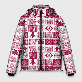 Мужская зимняя куртка 3D с принтом Новогодний рождественский узор в Екатеринбурге, верх — 100% полиэстер; подкладка — 100% полиэстер; утеплитель — 100% полиэстер | длина ниже бедра, свободный силуэт Оверсайз. Есть воротник-стойка, отстегивающийся капюшон и ветрозащитная планка. 

Боковые карманы с листочкой на кнопках и внутренний карман на молнии. | белый и красный | зимний | красный | новогодний | пэчворк | рождественский | скандинавский | этнический узор