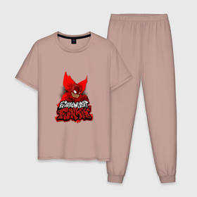 Мужская пижама хлопок с принтом Friday Night Funkin Tricky в Екатеринбурге, 100% хлопок | брюки и футболка прямого кроя, без карманов, на брюках мягкая резинка на поясе и по низу штанин
 | black | character | clown | demon | fire | fnf | friday night funkin | red | tricky | white | белый | буквы | демон | игра | картинка | клоун | красный | логотип | микрофон | огонь | персонаж | рисовка | трещины | трики | фрайдей | черный
