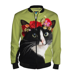 Мужской бомбер 3D с принтом Кот и цветы в Петрозаводске, 100% полиэстер | застегивается на молнию, по бокам два кармана без застежек, по низу бомбера и на воротнике - эластичная резинка | Тематика изображения на принте: cat | домашние животные | кот | коты | кошка | кошки | цветы | черный кот