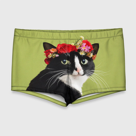 Мужские купальные плавки 3D с принтом Кот и цветы в Тюмени, Полиэстер 85%, Спандекс 15% |  | cat | домашние животные | кот | коты | кошка | кошки | цветы | черный кот