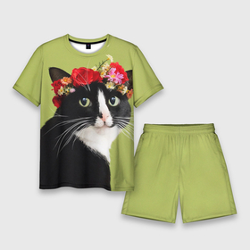 Мужской костюм с шортами 3D с принтом Кот и цветы в Кировске,  |  | cat | домашние животные | кот | коты | кошка | кошки | цветы | черный кот