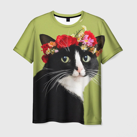 Мужская футболка 3D с принтом Кот и цветы в Кировске, 100% полиэфир | прямой крой, круглый вырез горловины, длина до линии бедер | cat | домашние животные | кот | коты | кошка | кошки | цветы | черный кот